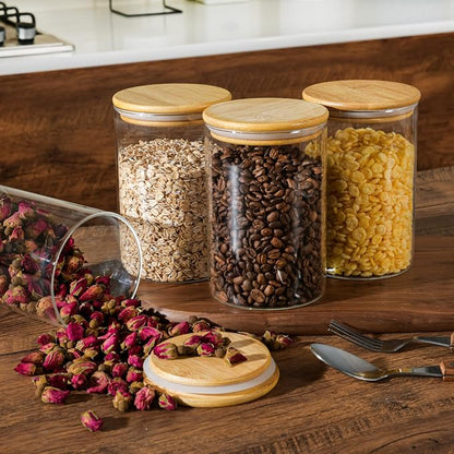 D2scrma 32oz Straight Cylindrical Airtight Storage Containers with Bamboo Lids Set of 6, Round Stackable Canisters, Food Jars, Pantry Organizers for Sugar, Cookies and Coffee beans (with Black Lable)