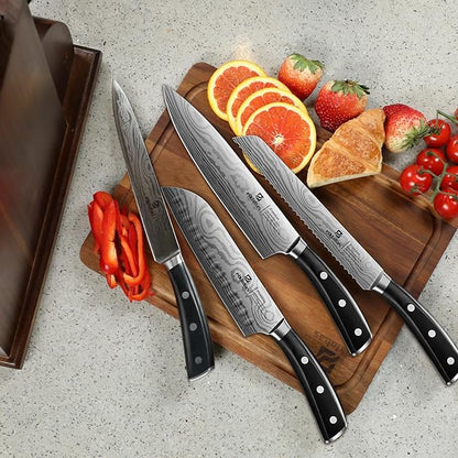 Piklohas Knife Sets for Kitchen with Block, 17 Pieces with Magnetic Knife Holder, German High Carbon Stainless Steel Damascus Pattern Chef Knife Set, Ideal for Gift