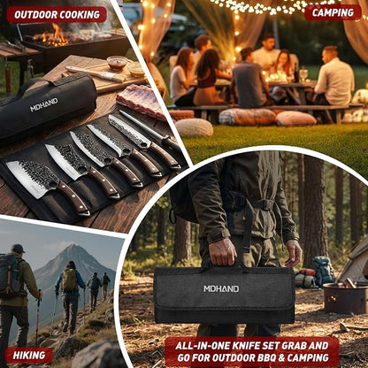 MDHAND Butcher Knife Set, 12PCS Hand Forged Serbian Chef Knife Set with Bag, High Carbon Steel Full Tang Kitchen Knives Set, Meat Cleaver & Boning Knife for Brisket Trimming BBQ Camping, Gift for Men