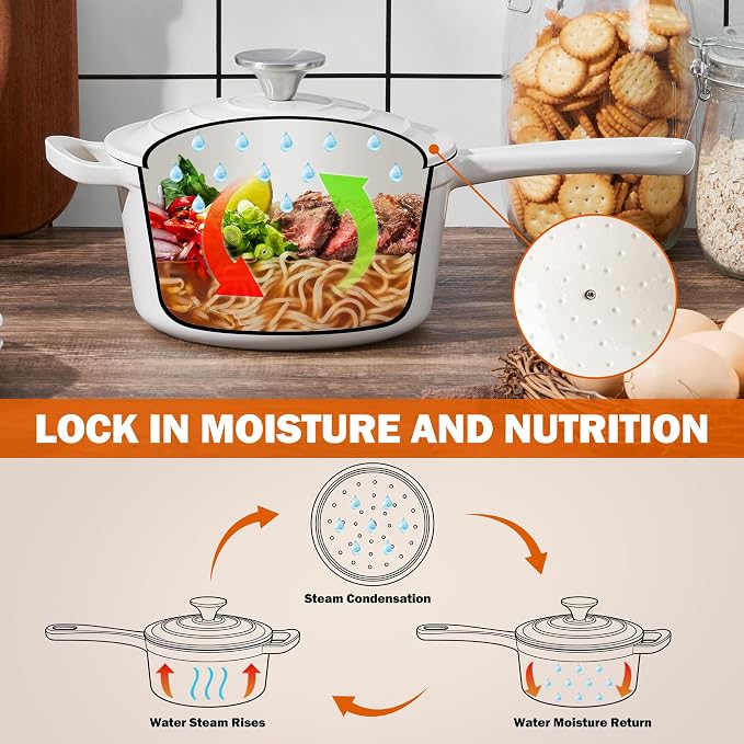 Homikit Small Cast Iron Pot, 2 Quart Enameled Cast Iron Sauce Pan with Lid, Heavy Duty Enamel Dutch Oven Kitchen Cookware for Making Pasta, Boiling Soup, Warming Milk, Nonstick & Oven Safe, White