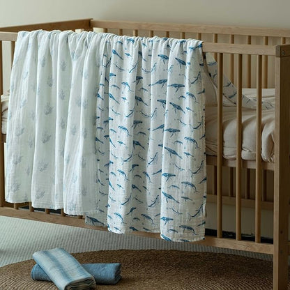 Muslin Swaddle Blankets for Newborn, 4 Pack Cotton Baby Blankets for Boys, Large 31.5 x 43.3 Breathable Soft Receiving Blanket, Essentials Swaddle Wrap Burping Clothes, Blue Whale