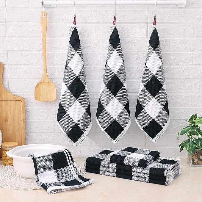 Homaxy Kitchen Towels and Dishcloths Set, 12 x 12 and 13 x 28 Inches, Set of 16 100% Cotton Waffle Weave Check Plaid Kitchen Dish Towels, Super Soft and Absorbent Dish Cloths, White & Black