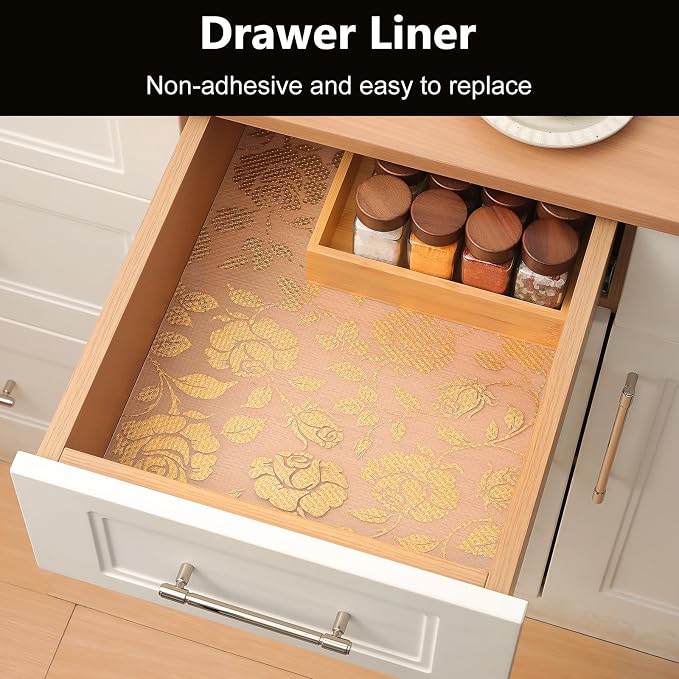 INNOLITES Shelf Liner for Cabinets, Non-Adhesive for Kitchen Drawer Liner, Waterproof Shelf Paper with Floral Pattern, Durable Easy to Clean (Golden Rose, 17.5" x 360")