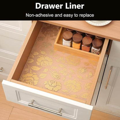 INNOLITES Shelf Liner for Cabinets, Non-Adhesive for Kitchen Drawer Liner, Waterproof Shelf Paper with Floral Pattern, Durable Easy to Clean (Golden Rose, 17.5" x 360")