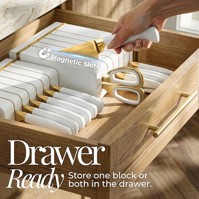 White and Gold Knife Set with Magnetic Knife Holder - Space Saving Convertible In Drawer Knife Set with Built In Sharpener, German Stainless Steel Kitchen Knives