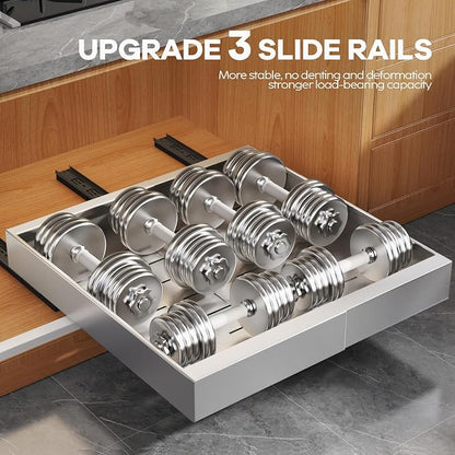 Seinloes 2 Pack Expandable Width (15.15"-26.3") Pull Out Cabinet Organizer 21" Deep with Raising Pad for Framed Cabinets, Upgrade 3 Slide Rails Slide Out Drawers, Roll Out Shelves Adhesive, Silver