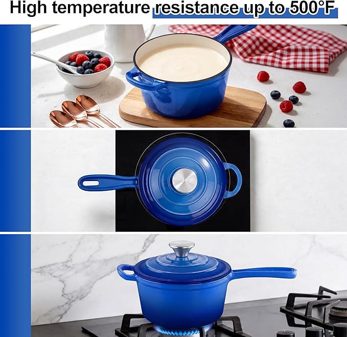 2 Quart Saucepan with Lid, Leonyo Enameled Cast Iron Dutch Oven Pot, Non Stick Small Cooking Pots Kitchen Induction Cookware for All Cooktops Cooking Pasta, Soup, Ramen - Up to 500°F, Dark Blue