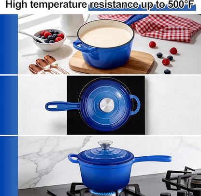2 Quart Saucepan with Lid, Leonyo Enameled Cast Iron Dutch Oven Pot, Non Stick Small Cooking Pots Kitchen Induction Cookware for All Cooktops Cooking Pasta, Soup, Ramen - Up to 500°F, Dark Blue