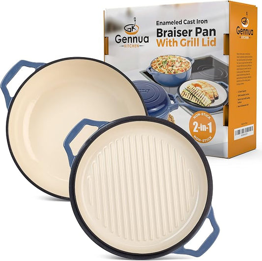 2-in-1 Enameled Cast Iron Braiser Pan with Grill Lid - 3.3-Quart Small Dutch Oven, Serves as Both Casserole & Stovetop Grill Pan, Cast Iron Cookware