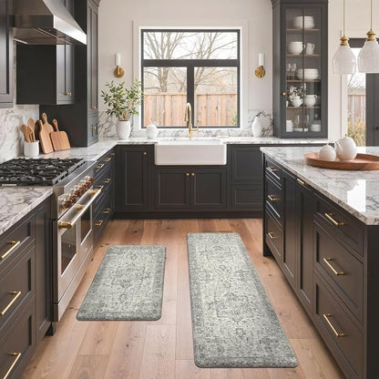 GENIMO Kitchen Mats for Floor 2PCs, Washable Anti Fatigue Mat for Cushioned, 17.3"x59"+17.3"x30", Waterproof Kitchen Rugs, Non Slip Comfort Standing Mat Rug for Home, Sink, Laundry, Stone Gray