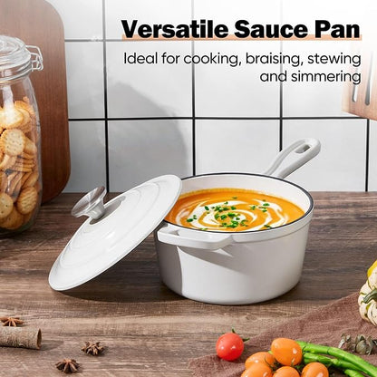 Homikit Small Cast Iron Pot, 1 Quart Enameled Cast Iron Sauce Pan with Lid, Heavy Duty Enamel Dutch Oven Kitchen Cookware for Making Pasta, Boiling Soup, Warming Milk, Nonstick & Oven Safe, White