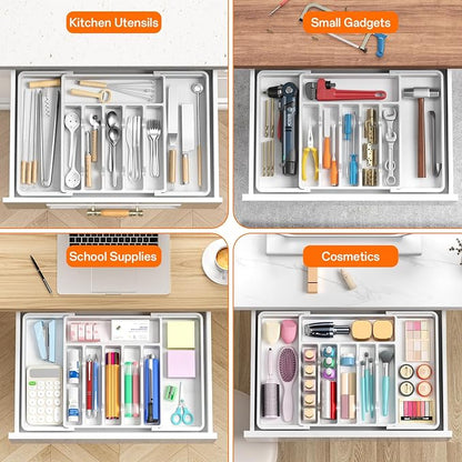 RoomHacks Large Silverware Organizer,Expandable Utensil Drawer Organizer,BPA Free Utensil Holder,Adjustable Silverware Tray Cutlery Drawer Organizer for Kitchen Flatware,Large,White (6-8 Slots)