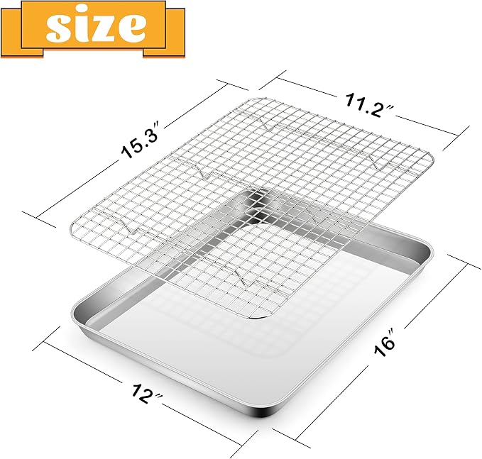 Stainless Steel Baking Sheet with Rack Set, E-far 16”x12” Cookie Sheet Pan for Oven, Rimmed Metal Tray with Wire Cooling Rack for Cooking Roasting Resting Bacon Meat Steak - Dishwasher Safe