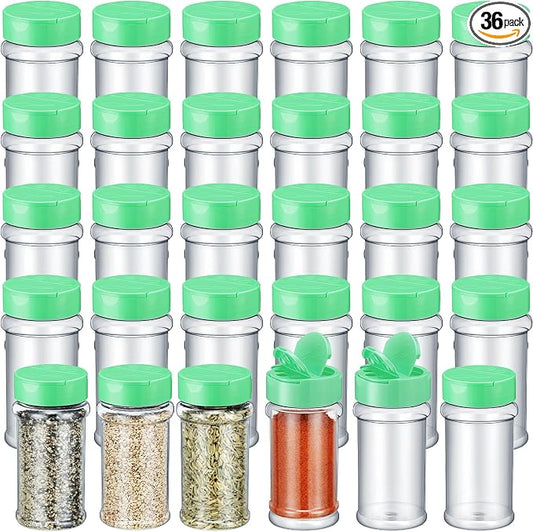Jadive 36 Pcs 5.5 oz Plastic Spice Jars with Shaker Lids Clear Spice Bottles Plastic Seasoning Containers Empty Shaker for Kitchen Storing Herbs Seasoning Powders Pepper (Green)