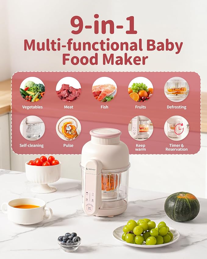 AMZCHEF Baby Food Maker with Auto Steam & Blend, 9-in-1 Baby Puree Maker with Food-grade glass, BPA-Free & Easy Cleaning, Touch Screen, Dishwasher Safe, Off-white