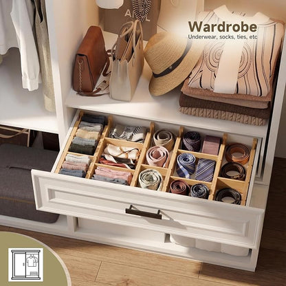 Bamboo Drawer Dividers, Expandable Kitchen Drawer Organizer, Include 6 Dividers, 6 Small Inserts and 6 Medium Inserts for Home, Office, Dressers