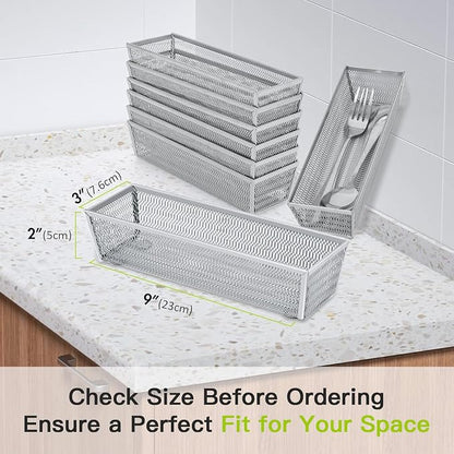 Neudeco Silverware Organizer, Silver, 9 * 3 * 2 inch, Pack 6 | Mesh Drawer Organizer, Metal Utensil Organizer, For Flatware, Knives, Spoons, Cosmetic