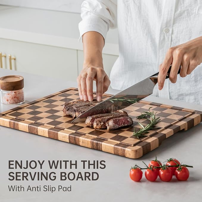 THETCHRY Cutting Boards for Kitchen, Checkered Wood Cutting Board, Walnut Chopping Board with Juice Grooves & Handles, Butcher Block Serving Tray with Gift Box 16.5" x 11.6" x 0.8"