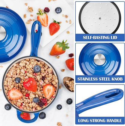 E-far Enameled Cast Iron Sauce Pan with Lid, 1 Quart Dutch Oven Saucepan, Mini Sauce Pot for Cooking, Boiling, Healthy & Non Toxic, Induction & Oven Safe, Deep Blue