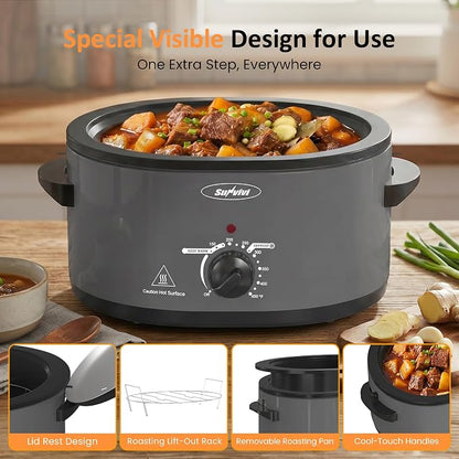 Sunvivi Electric Roaster Oven for Small Families, 8QT Portable Roaster with Self-Basting Lid Defrost & Keep Warm, Adjustable Temp 150°F-450°F for Baking, Slow Cooking, Buffet Serving & RV Camping
