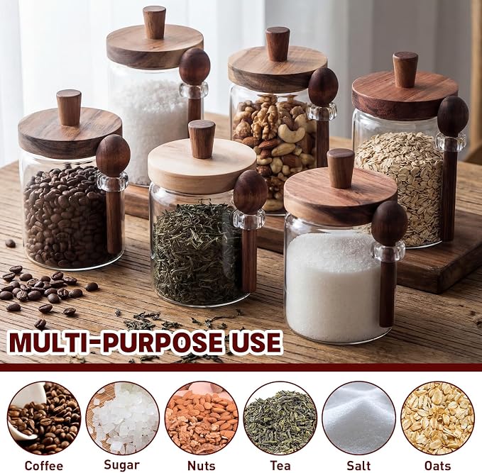 Remerry Set of 6 Glass Jar with Wooden Lid and Spoon, 13.5 Oz/20 oz, Coffee Sugar Container Set, Clear Airtight Spice Canisters Glass Food Storage Kitchen Containers for Coffee Bean Tea Sugar