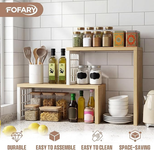 Kitchen Countertop Organizer, 2 Tier Spice Rack, Adjustable Cabinet Organizer Shelf, Corner Counter Shelf for Kitchen, Pantry, Coffee Station, Stackable, Expandable, Beige