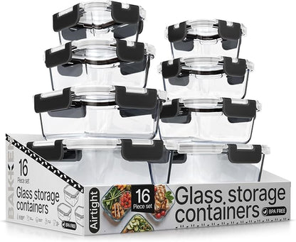 Bakken Borosilicate Glass Food Storage Containers with Lids 16 Pieces, BPA-Free Stackable Lunch & Leftover Containers, Microwave, Freezer & Dishwasher Safe, 100% Airtight Leak-Proof, Black