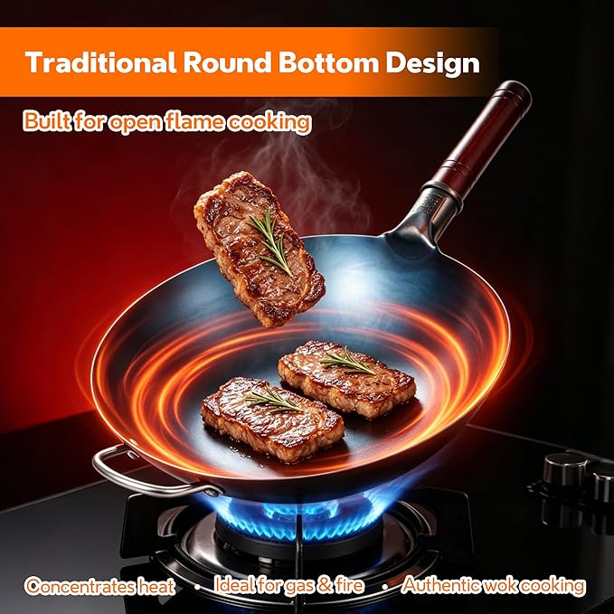 14 Inch Carbon Steel Wok with Lid, Round Bottom Wok Pan, Blue Pre-Seasoned Chinese Stir Fry Pan for Open Flame Cooking, Large Traditional Pow Wok for BBQ, Grill, Camping, Home Cooking