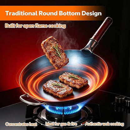 14 Inch Carbon Steel Wok with Lid, Round Bottom Wok Pan, Blue Pre-Seasoned Chinese Stir Fry Pan for Open Flame Cooking, Large Traditional Pow Wok for BBQ, Grill, Camping, Home Cooking