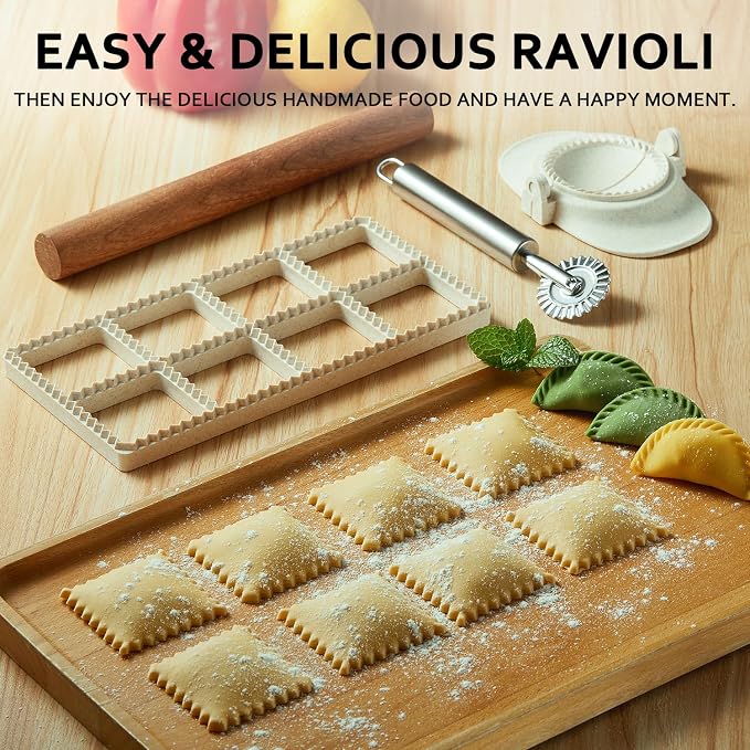 Ravioli Maker Press, Ravioli Press Mold Set - Squares Ravioli Stamp Maker Cutter with Wood Rolling Pin and Ravioli Wheel, Ravioli Stamp Pasta Making Tools | Makes 8 Ravioli, 1.85"