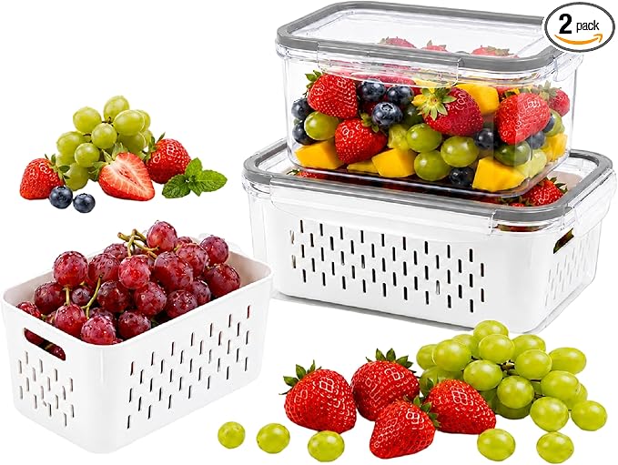 Fruit storage containers for fridge，with detachable drainer basket and airtight seal, stackable produce organizer, prolongs freshness of berries, greens, meats