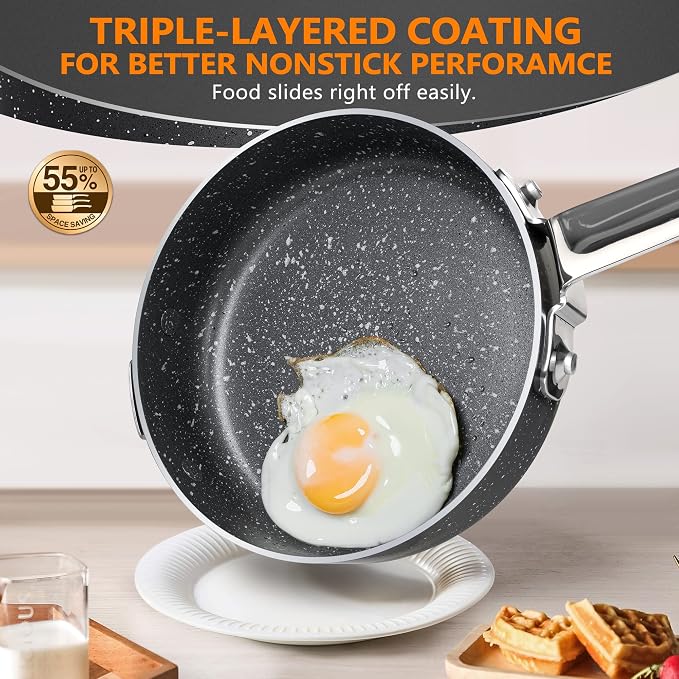 MICHELANGELO Stackable Pots and Pans Set, 10-Piece Nonstick Cookware with Stone Coatings, Space Saving - Gray