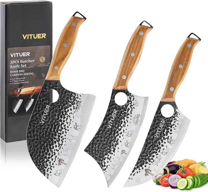 3PCS Butcher Knife Set, Hand Forged 7" Butcher Meat Cleaver, 7" Serbian Chef and 6.5" Viking Knife, Great for Indoor & Outdoor (Stylish Pattern Design)