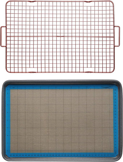 CasaWare 3pc Ultimate Commercial Weight 15 x 10 x 1-inch Cookie Sheet/Cooling Grid/Silicone Mat Bakeware Set (Silver Granite)