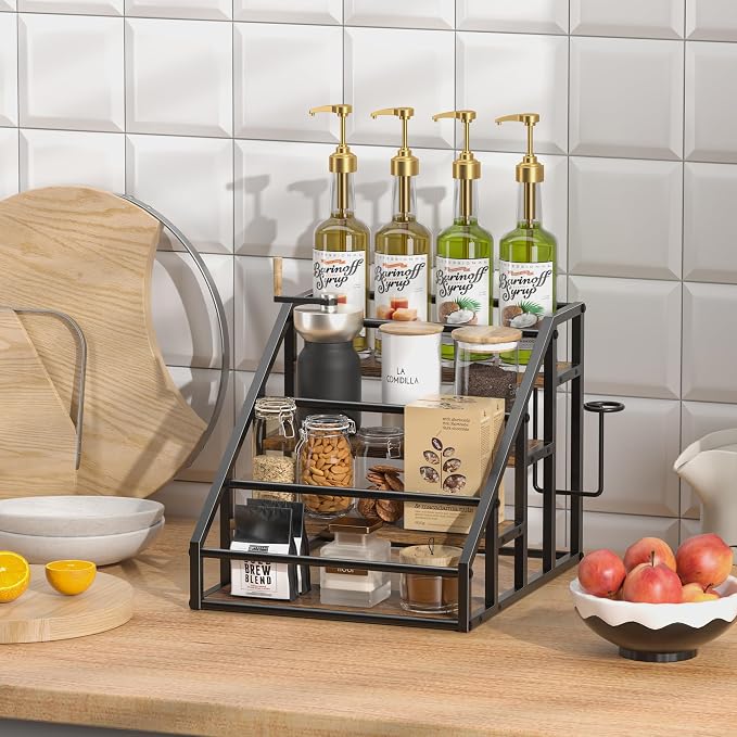 Coffee Syrup Rack Organizer, 4 Tier Countertop Storage Shelves, Kitchen Storage, 16 Syrup Bottle Stand Holder for Wine, Liquor, Kitchen Coffee Station Organizer Rack, 13.8"x16.9"x13.0", Rustic Brown