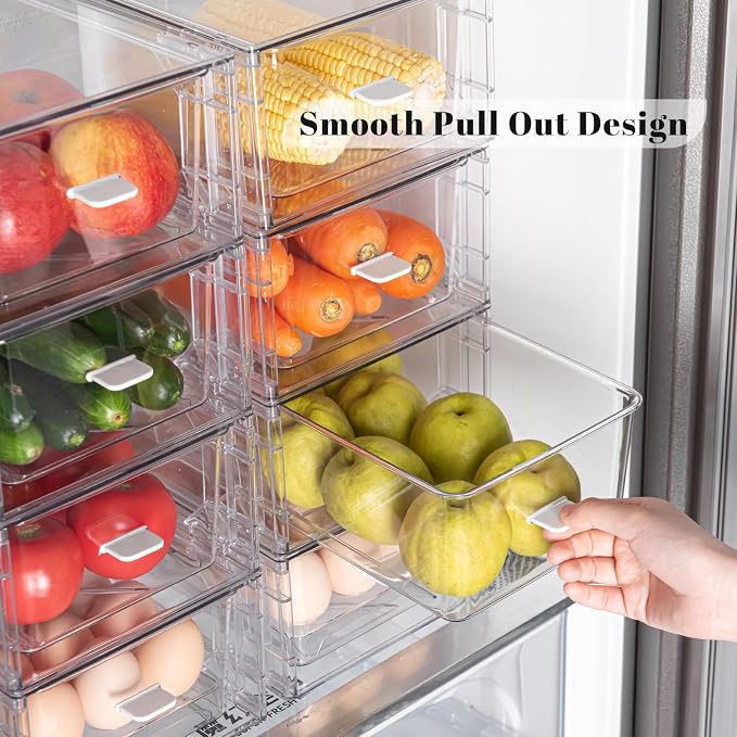 Clear Acrylic Stackable Storage Drawers, Plastic Refrigerator Organizer Bins with Handles for Undersink, Cabinet, Fridge, Closet, Pantry, Office, Bathroom, Kitchen(6 Pack)
