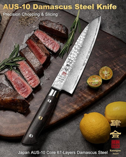 kanngou Japanese Chef Knife Kitchen Knife with 67 Layers Damascus Steel AUS-10 Core, Professional Damascus Knife with Full-Tang Ebony Wood Handle and Premium Gift Box (8.27 Inch Gyuto Chef Knife)