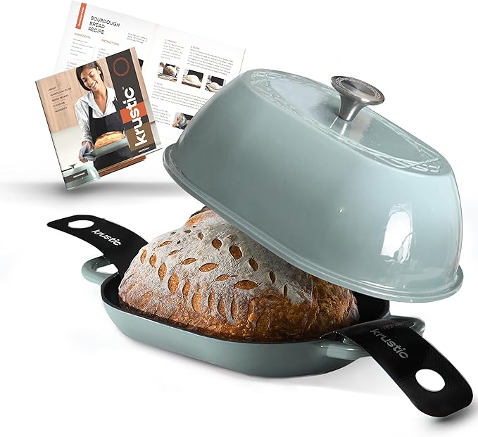 Krustic Enameled Cast Iron Dutch Oven for Professional Sourdough Bread Baking | 5.5 Quart Loaf Size Oval Cookware Pot with Lid | Triple-Layer Enamel Coating Pan with Non Stick Silicone Mat | Sea Salt
