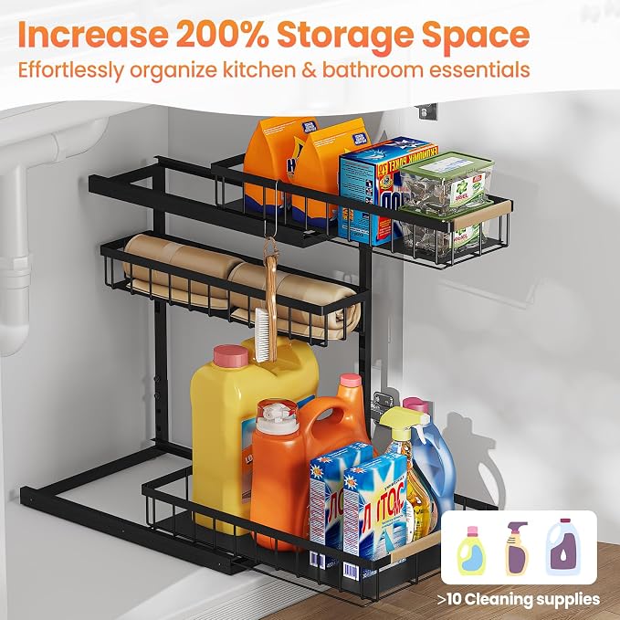 Under Sink Organizer and Storage for Bathroom and Kitchen - Under Cabinet 1 Pack 3 Tier Pull Out Shelf Organizers - Slide Out Drawer Organization for Home Cabinets Shelves and Drawers