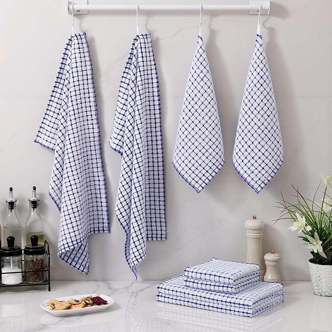 Homaxy Kitchen Towels and Dishcloths Set, 16 x 25 and 12 x 12 Inches, Set of 16 Cotton Terry Kitchen Dish Towels, Super Soft and Absorbent Dish Cloths, Blue