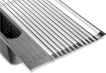 edge Roll Up Dish Drainer, Over The Sink Multi-Purpose Foldable Drying Rack with Caddy, Gray, Medium- 17.3"x11"