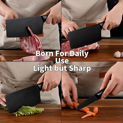 SHI BA ZI ZUO 2 Pieces Meat Cleaver and Fruit Knife, Kitchen knives Set,Black Ti Coating Cleaver knives Slicing Knife Paring knives with Hollow Handle