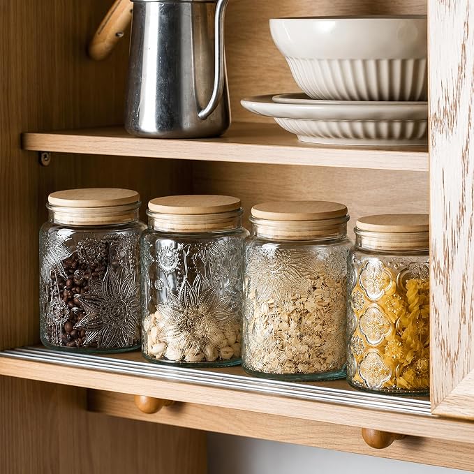 Custde 23.7 fl oz Vintage Glass Jar with Bamboo Lid - Airtight Decorative Food Storage Canisters for Kitchen Counter, Ideal for Candy, Sugar, Coffee, Tea, Cute jar(Sunflower*1)