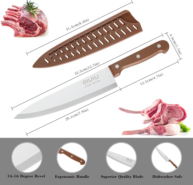 OLULU 8 inch Chef Knife, Razor Sharp Kitchen Knife with Protective Knife Sheath, Razor Sharp Slicing Knife with Ergonomic Handle, German Stainless Steel, Dishwasher Safe (Brown Color)