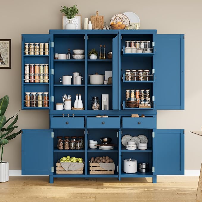 74.8''H High Freestanding Kitchen Pantry, Wooden Kitchen Organizers Cupboard Storage Cabinet with Door Shelves, Adjustable Shelves, Pull-out Trays and Drawers for Dining Room Living Room (Blue-2.12)