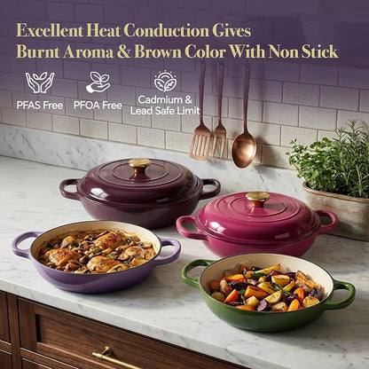 3 Quart Enameled Cast Iron Braiser, Non Stick Enameled Cast Iron Skillet with Lid, Dutch Oven Skillet with lid up to 500°F for Oven, Stove, Grill, Shallow Dutch Oven for Cook, Bake (Purple)