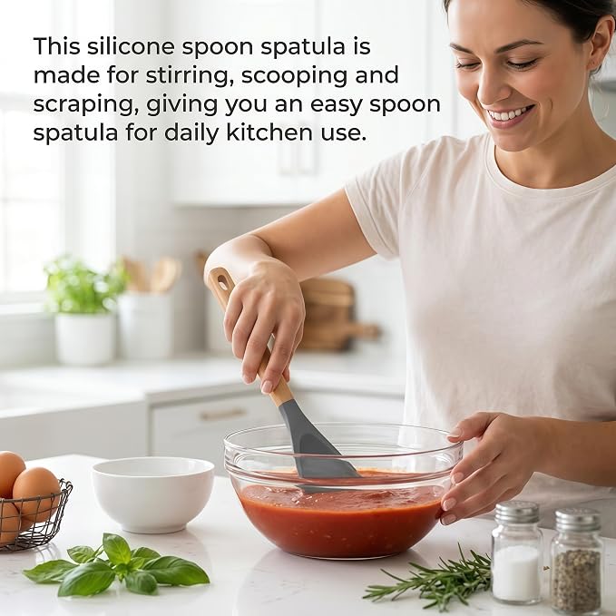 Silicone Spoon Spatula for Cooking, Flexible Spoon for Stirring, Scooping and Scraping, Safe for Nonstick Cookware,Grey