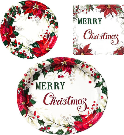 Dereinwo 100 PCS Christmas Paper Plates and Napkins | Bundle Includes Paper Oval Dinner Plates and Napkins for Christmas Party Supplies