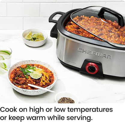 Chefman 6-Quart Slow Cooker, Electric Countertop Cooking, Stovetop & Oven-Safe Removable Insert for Browning & Sautéing, Family-Size Soups & Stews, Nonstick & Dishwasher-Safe Interior,Stainless Steel