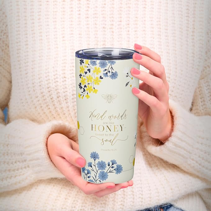 Christian Art Gifts Stainless Steel Scripture Tumbler Travel Mug for Women: Kind Words Bible Verse, Cute Bumble Bee, Double-wall Vacuum Insulated, Lid, Hot/Cold, Creamy White Multicolor Floral, 18oz.